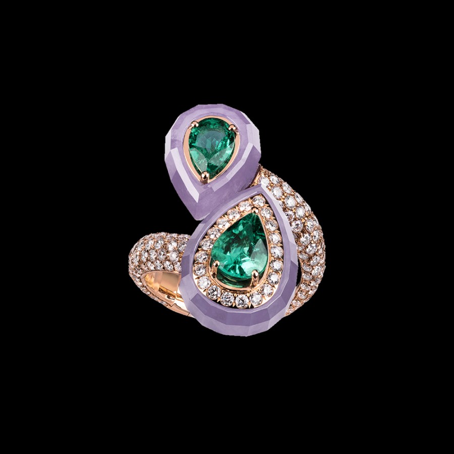 Gioielleria Chantecler | Anello Contrarie Joyful In Oro Rosa 18Kt, Diamanti, Smeraldi E Giada Lavanda Cod.41638