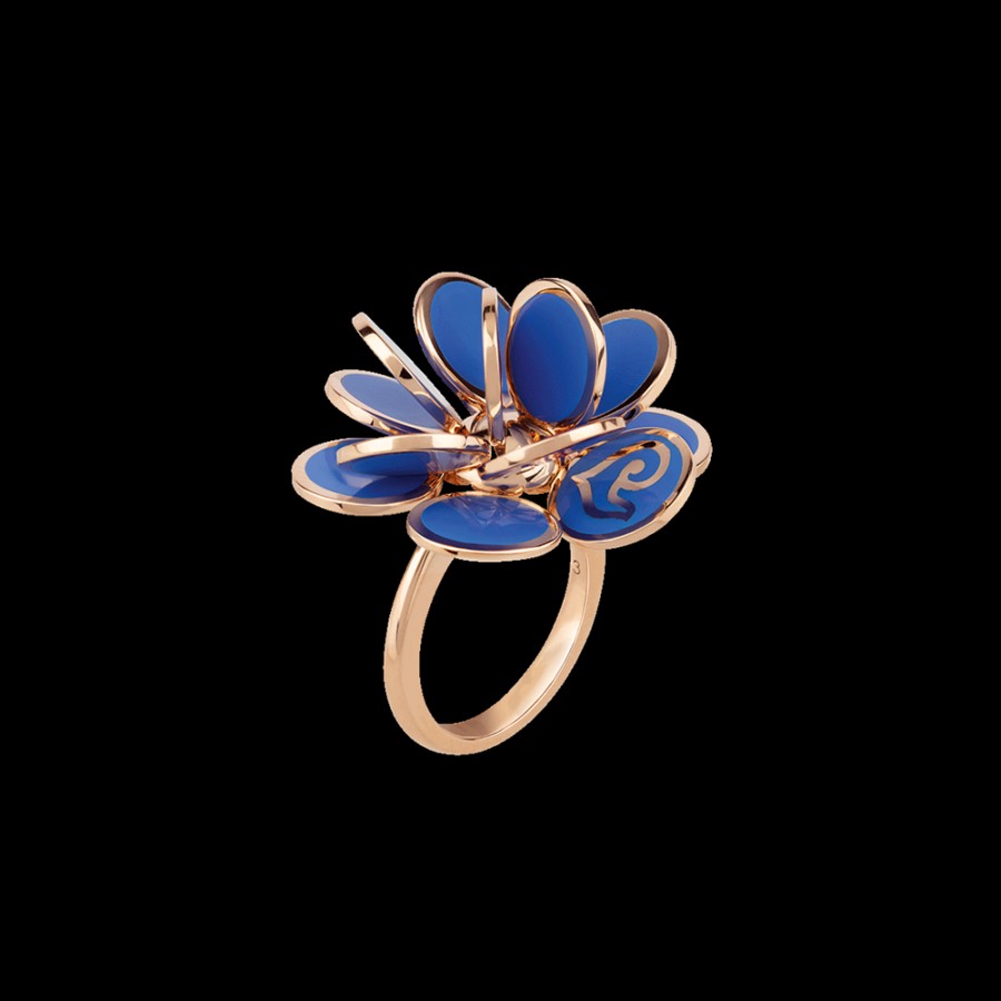 Gioielleria Chantecler | Anello Fiore Paillettes Grande In Oro Rosa 18Kt E Smalto Blu Capri Cod.38892