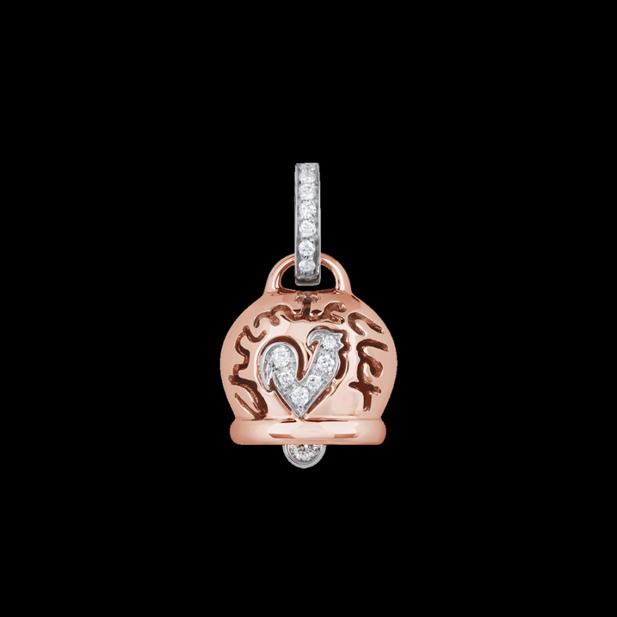 Gioielleria Chantecler | Ciondolo Campanella Medio In Oro Rosa 18Kt, Diamanti E Gallo In Pave Di Diamanti Cod.26712