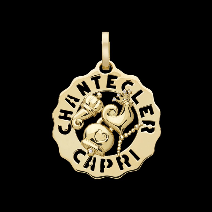 Gioielleria Chantecler | Ciondolo Logo Gallo, Campanella, Cornetto Piccolo In Oro Giallo 18Kt E Diamanti Cod.39933