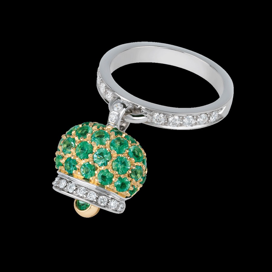 Gioielleria Chantecler | Anello Campanella Piccolo In Oro Giallo E Bianco 18Kt, Diamanti E Pave Di Smeraldi Cod.17937