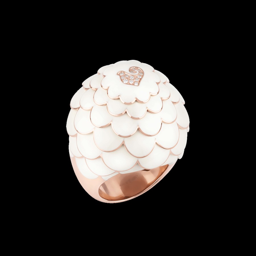 Gioielleria Chantecler | Anello Cupola Paillettes In Oro Rosa 18Kt, Diamanti E Smalto Bianco Cod.41134