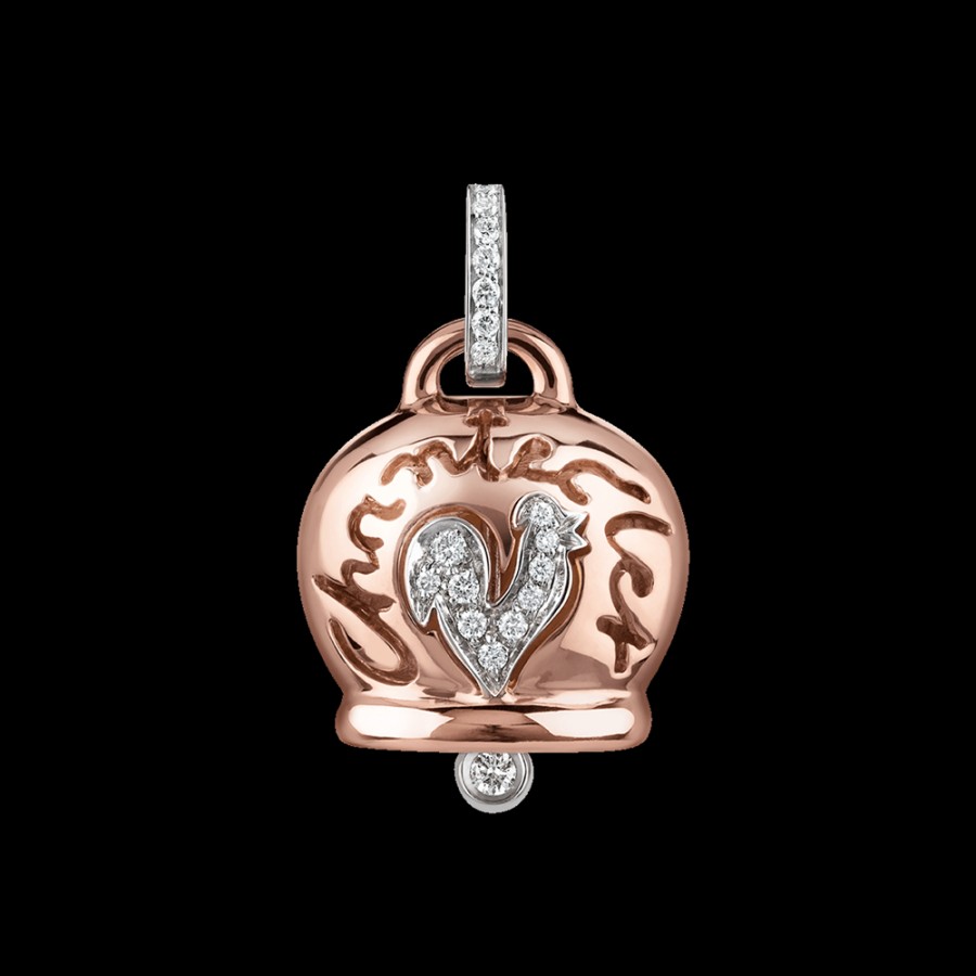 Gioielleria Chantecler | Ciondolo Campanella Grande In Oro Rosa 18Kt, Diamanti E Gallo In Pave Di Diamanti Cod.27362