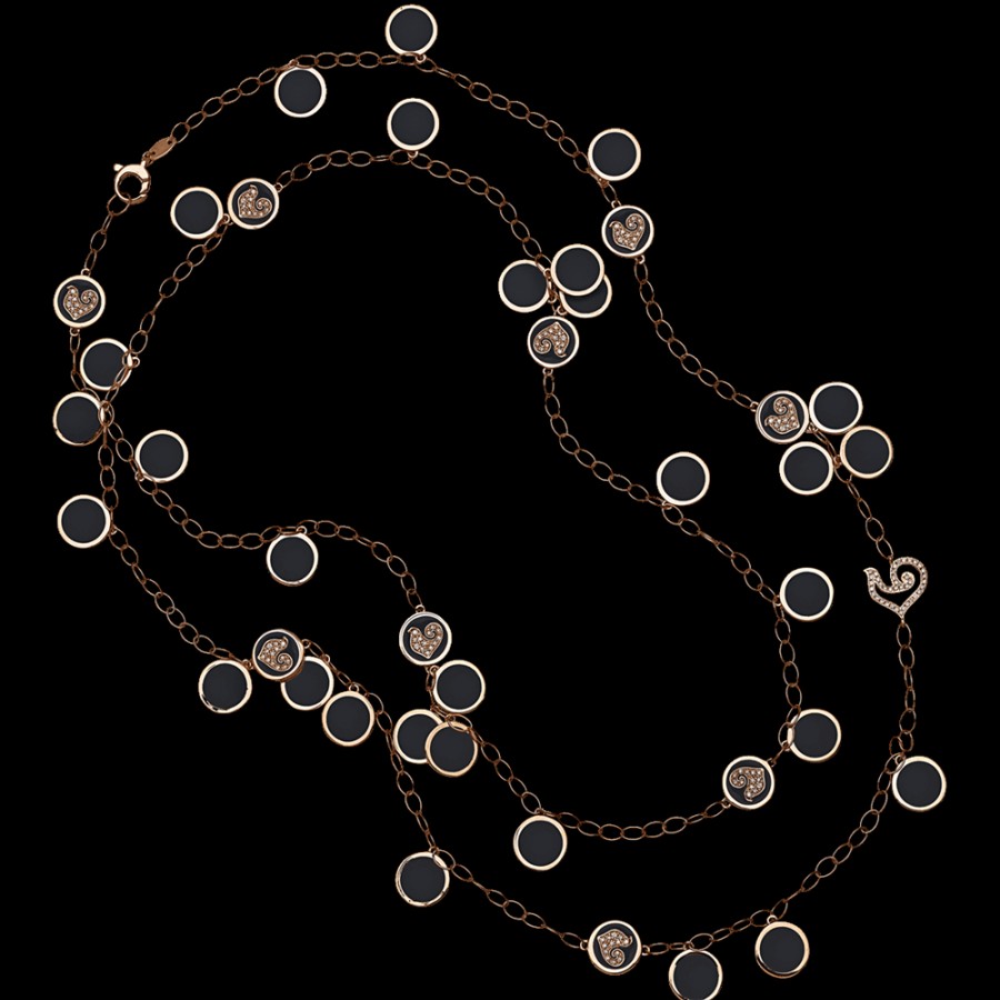 Gioielleria Chantecler | Collana Lunga Paillettes 90Cm In Oro Rosa 18Kt, Diamanti E Smalto Nero Cod.42611