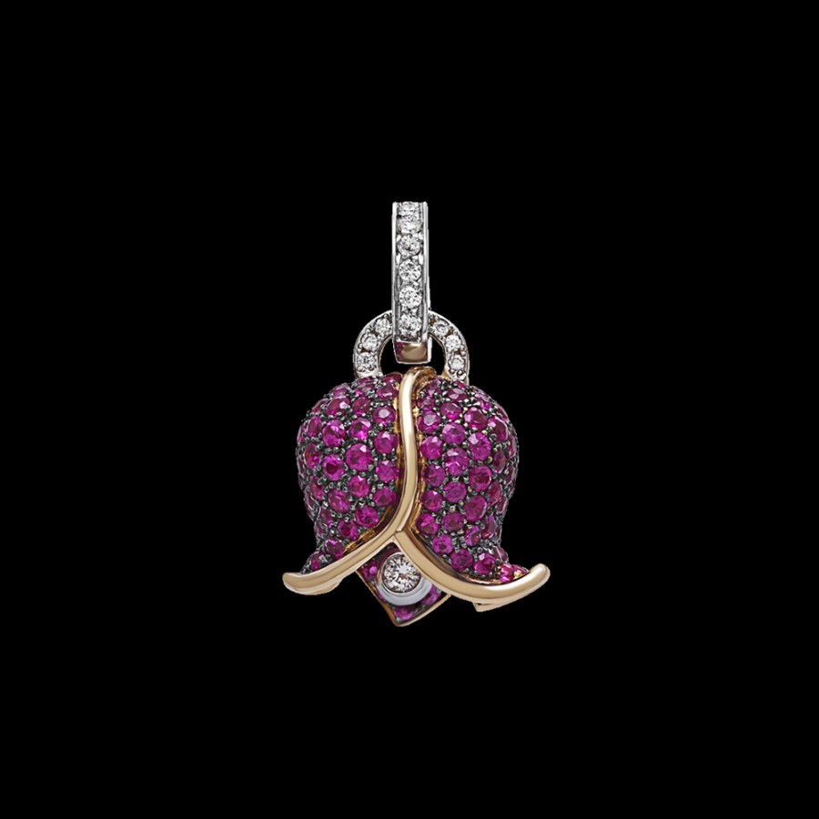 Gioielleria Chantecler | Ciondolo Campanella Medio Bouganville In Oro Rosa 18Kt, Diamanti E Zaffiri Rosa Cod.42319