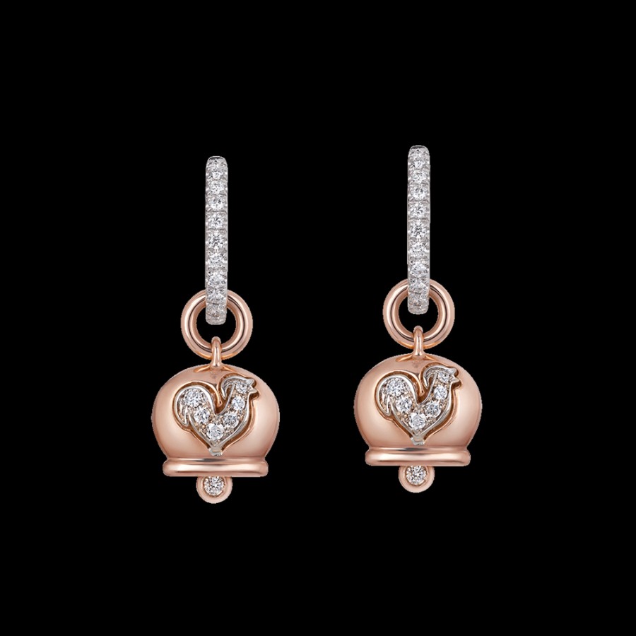 Gioielleria Chantecler | Orecchini Campanella Piccoli In Oro Rosa 18Kt, Diamanti E Gallo In Pave Di Diamanti Cod.32560