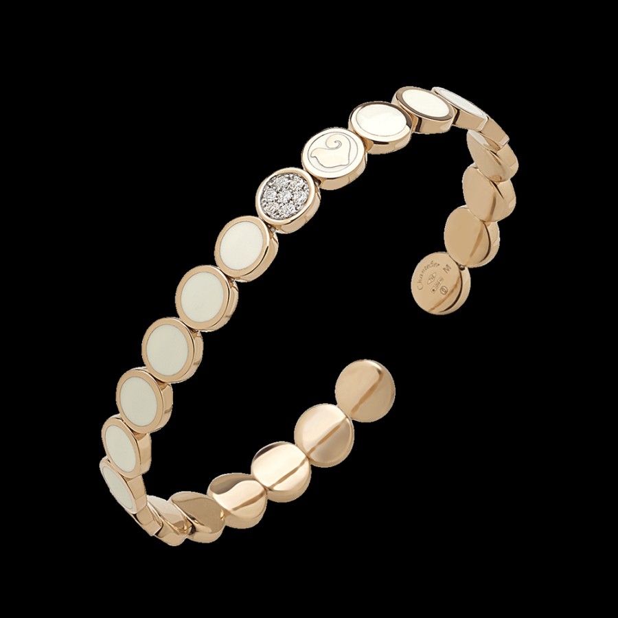 Gioielleria Chantecler | Bracciale Rigido Paillettes In Oro Rosa 18Kt, Pave Di Diamanti E Smalto Bianco Cod.40166