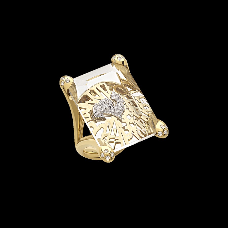 Gioielleria Chantecler | Anello Logo In Oro Giallo 18Kt, Siamite E Gallo In Diamanti Cod.40256