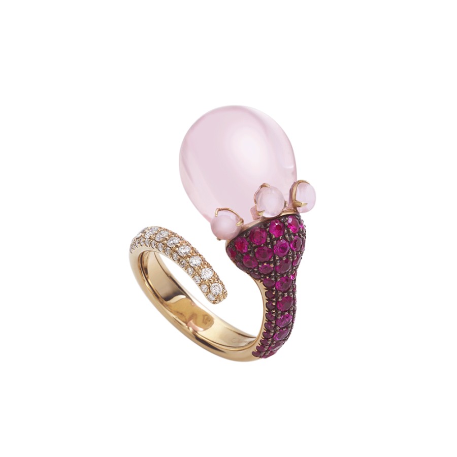 Gioielleria Chantecler | Anello Joyful In Oro Rosa 18Kt, Diamanti, Zaffiri Rosa E Poire In Cristallo Color Rosa. Cod.41957