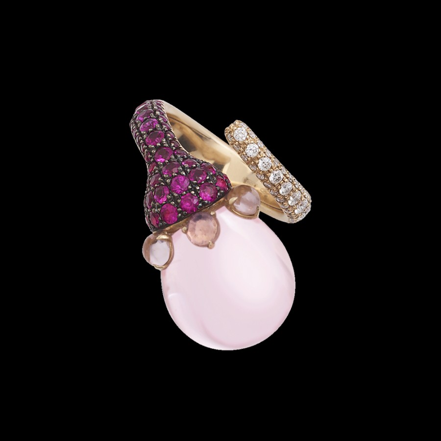 Gioielleria Chantecler | Anello Joyful In Oro Rosa 18Kt, Diamanti, Zaffiri Rosa E Poire In Cristallo Color Rosa. Cod.41957