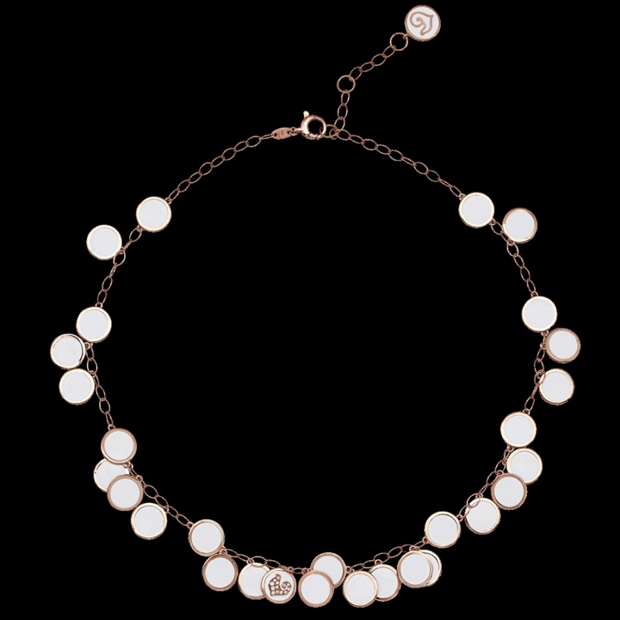 Gioielleria Chantecler | Collana Girocollo Paillettes 38-42 Cm In Oro Rosa 18Kt, Diamanti E Smalto Bianco Cod.42694