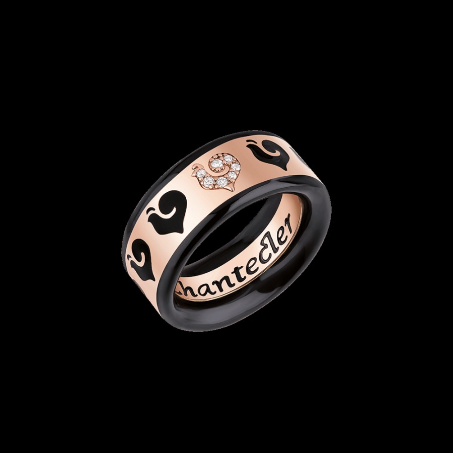 Gioielleria Chantecler | Anello Fede Carousel In Oro Rosa 18Kt, Gallo In Pave Di Diamanti E Smalto Nero Cod.41032