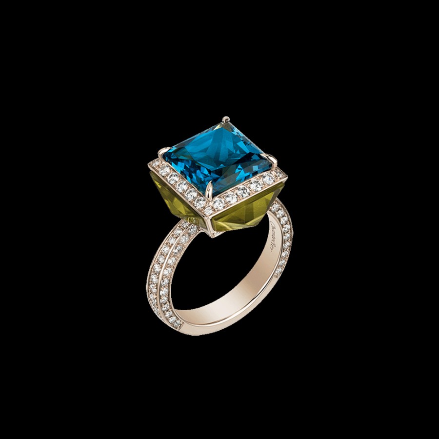 Gioielleria Chantecler | Anello Piazzetta In Oro Biallo 18Kt Con Centro In Topazio London E Cuspidi In Diamanti E Ambra Verde Cod.41189