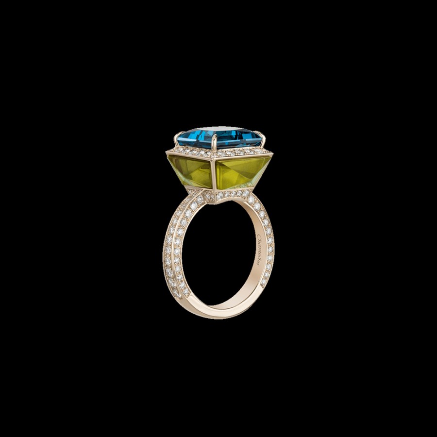 Gioielleria Chantecler | Anello Piazzetta In Oro Biallo 18Kt Con Centro In Topazio London E Cuspidi In Diamanti E Ambra Verde Cod.41189