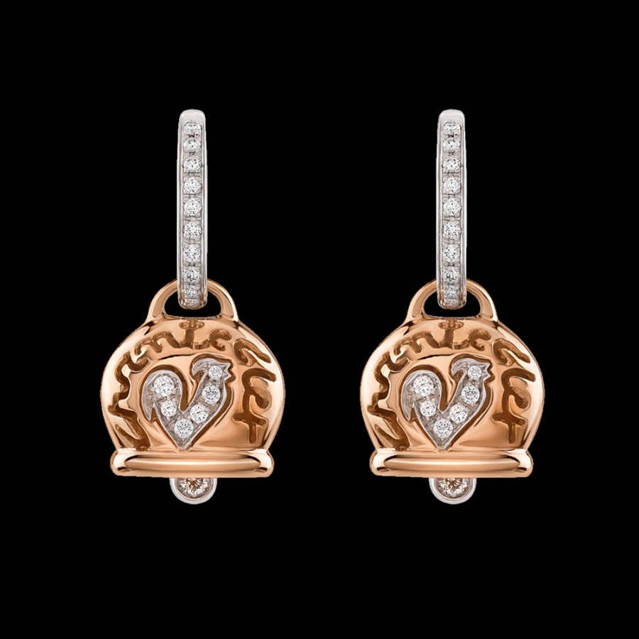 Gioielleria Chantecler | Orecchini Campanella Medi In Oro Rosa 18Kt, Diamanti E Gallo In Pave Di Diamanti Cod.26867