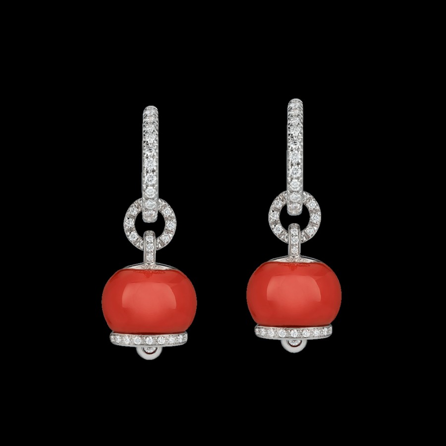 Gioielleria Chantecler | Orecchini Campanella Piccoli In Oro Bianco 18Kt, Diamanti E Corallo Rosso Cod.30959