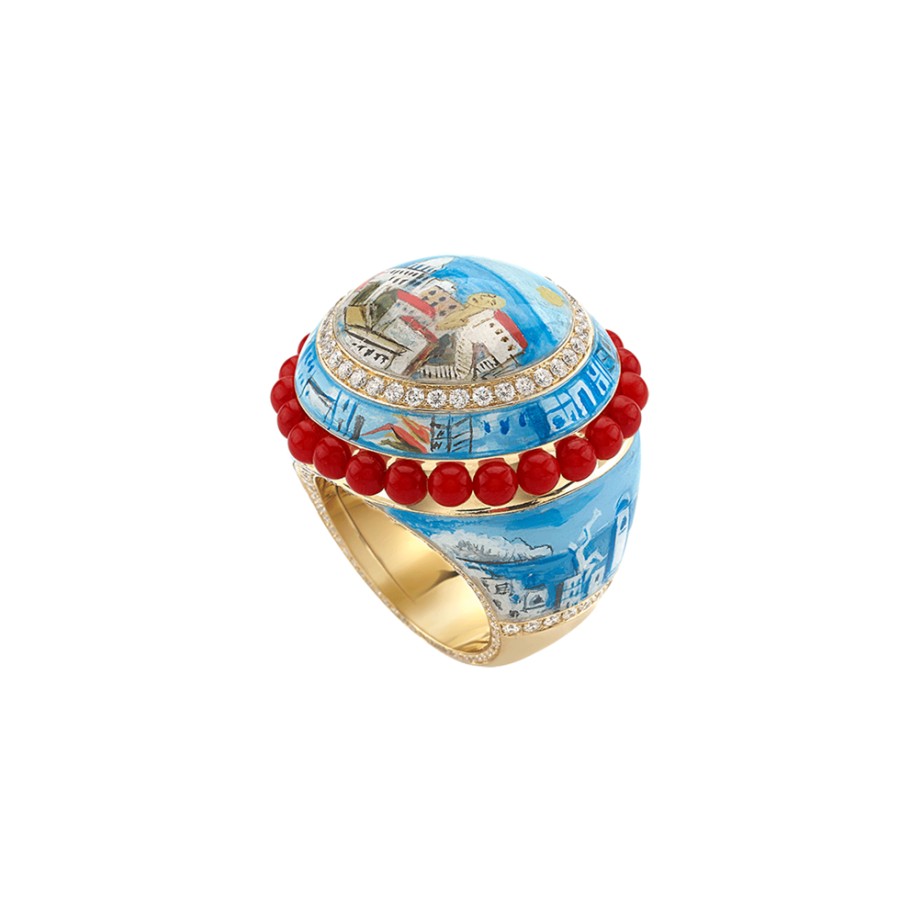 Gioielleria Chantecler | Anello Miniatura In Oro Giallo 18Kt, Diamanti E Corallo Rosso Cod.40463