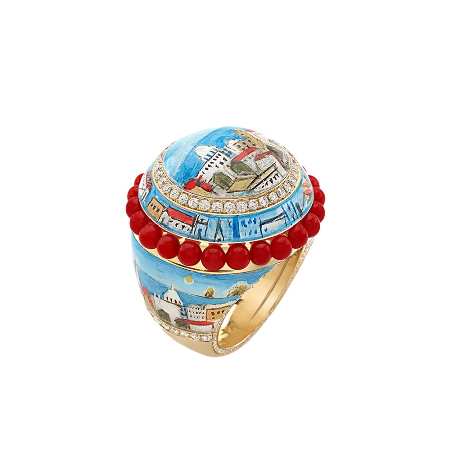 Gioielleria Chantecler | Anello Miniatura In Oro Giallo 18Kt, Diamanti E Corallo Rosso Cod.40463