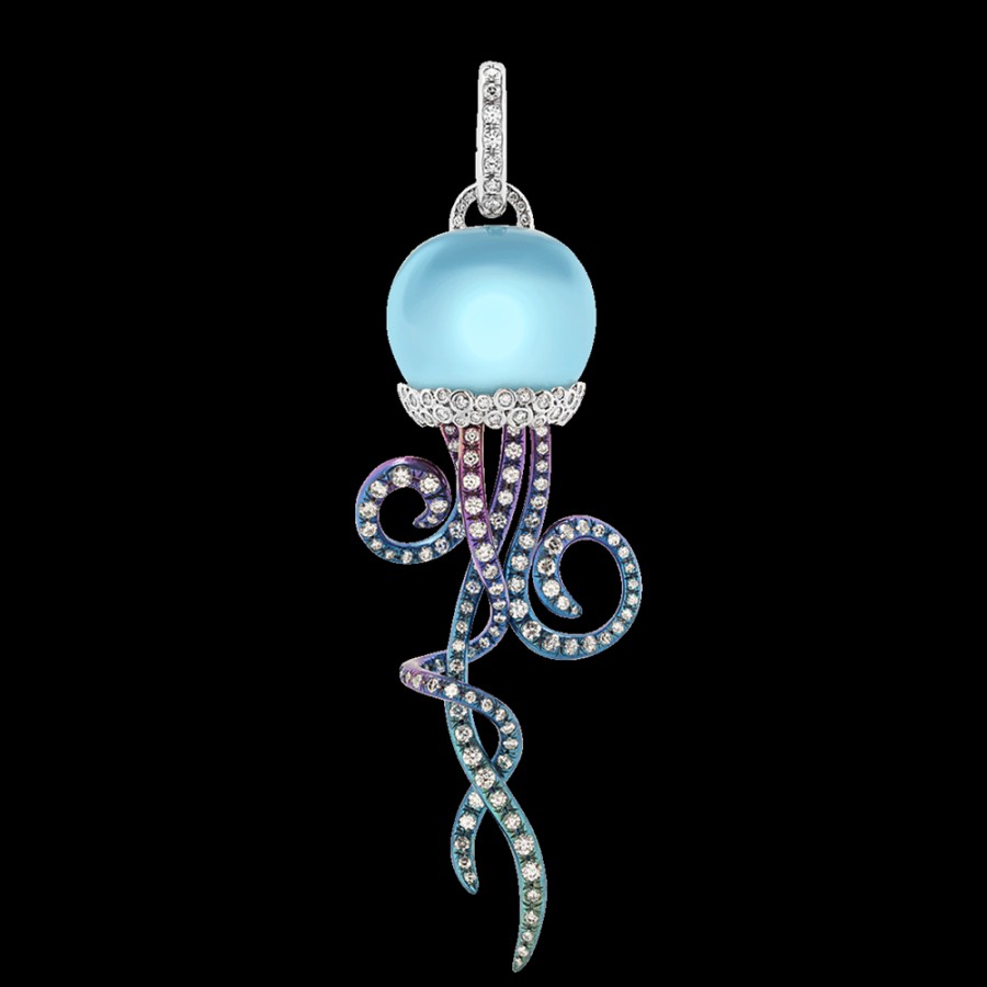 Gioielleria Chantecler | Ciondolo Campanella Piccolo Medusa In Titanio Colorato, Oro Biallo 18Kt, Diamanti E Quarzo Idrotermale Con Turchese Cod.42567