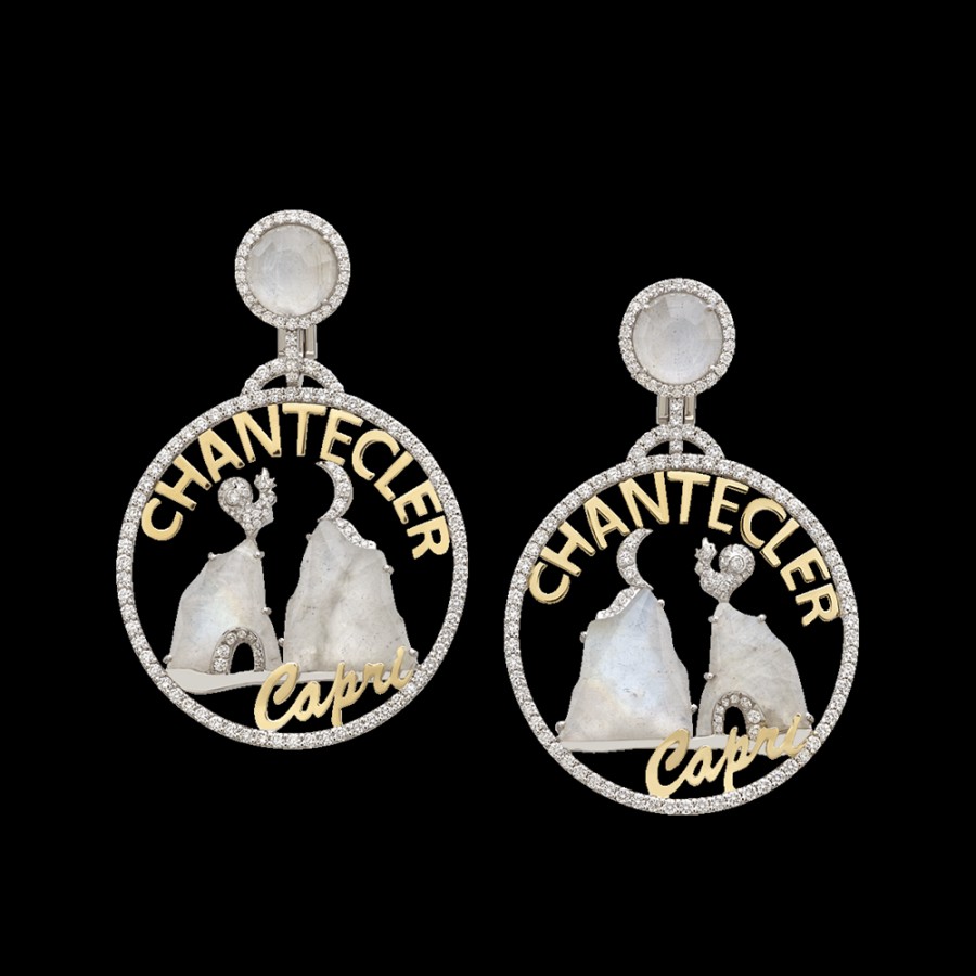 Gioielleria Chantecler | Orecchini Logo Moonlight Piccolo In Oro Bianco E Giallo 18Kt, Diamanti E Labradorite Cod.40377