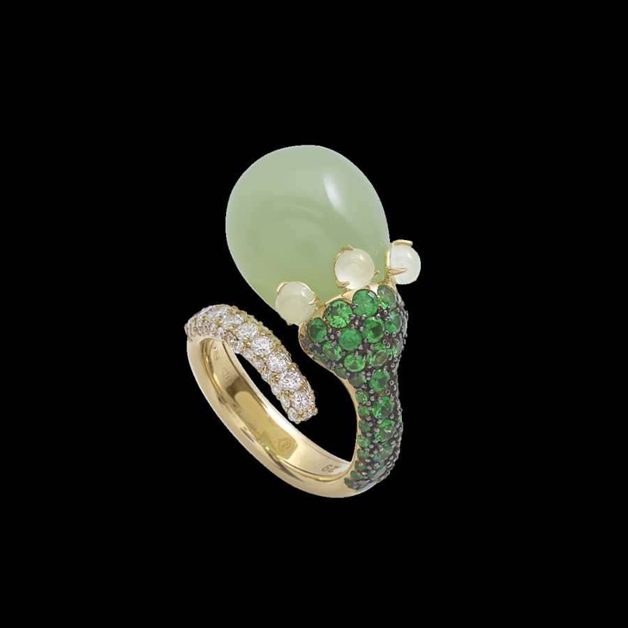 Gioielleria Chantecler | Anello Joyful In Oro Giallo 18Kt, Diamanti, Tzavoriti E Poire In Cristallo Color Verde Mela. Cod.41958