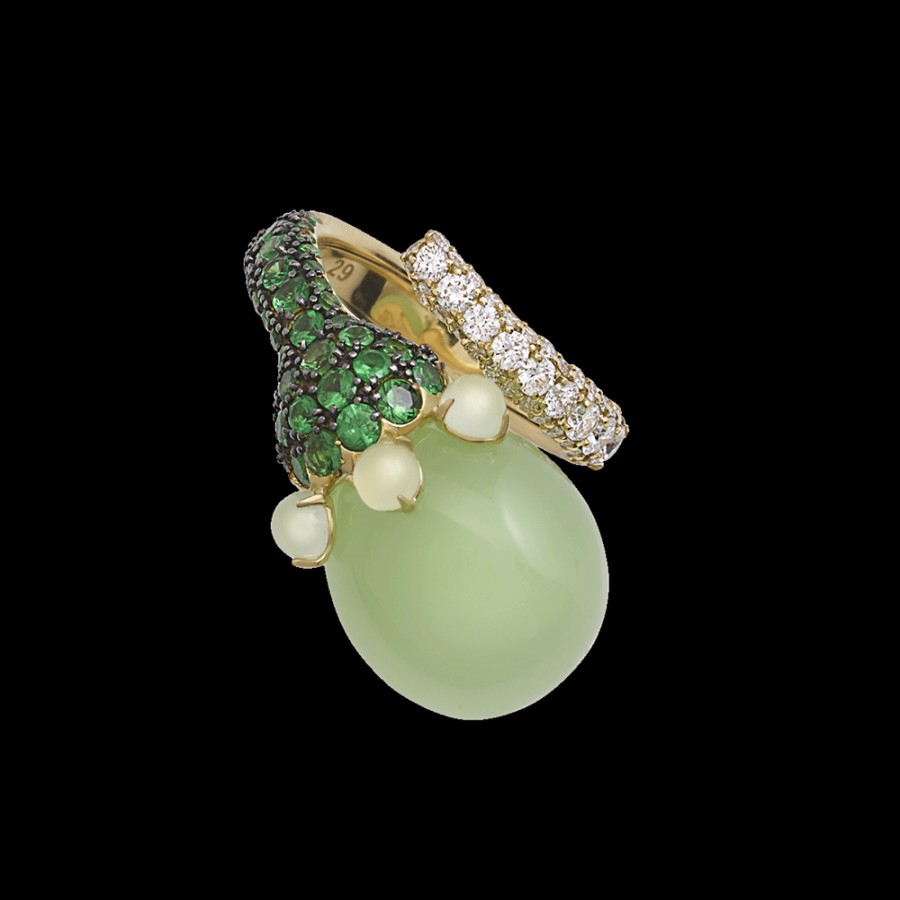 Gioielleria Chantecler | Anello Joyful In Oro Giallo 18Kt, Diamanti, Tzavoriti E Poire In Cristallo Color Verde Mela. Cod.41958