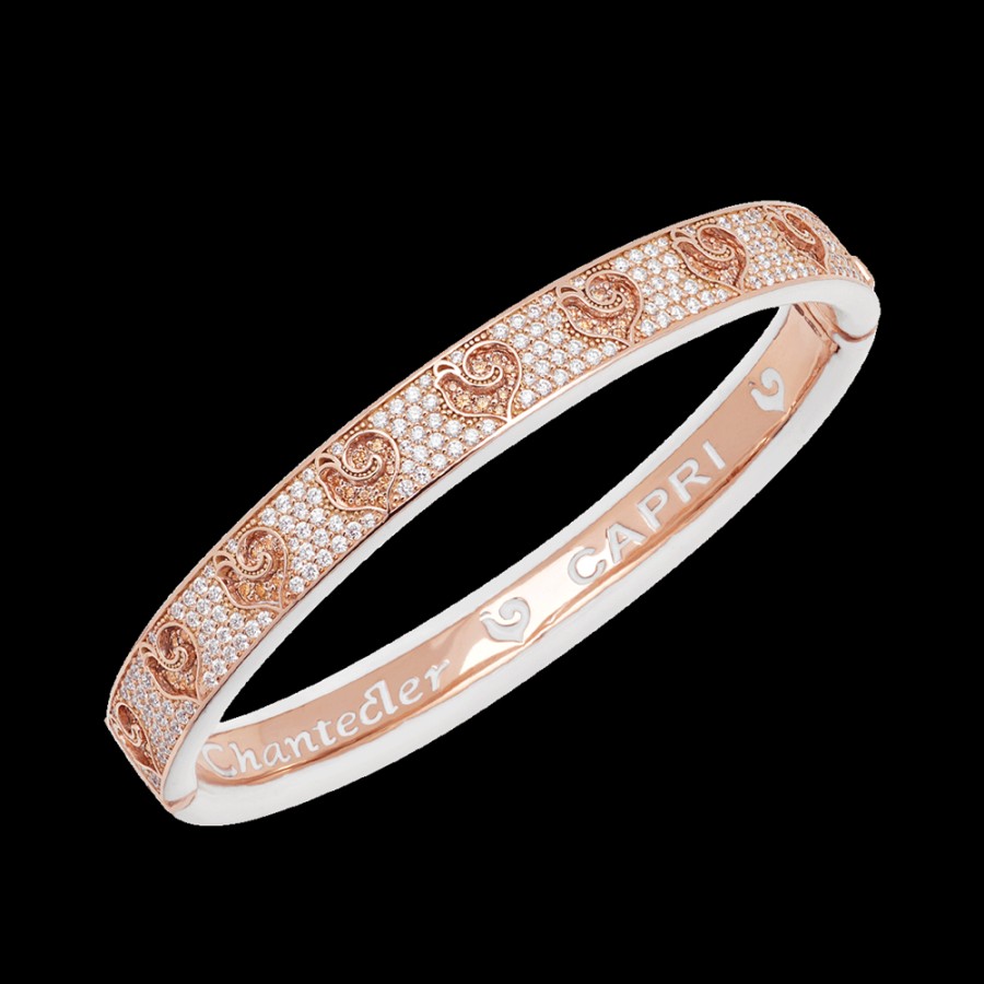 Gioielleria Chantecler | Bracciale Rigido Carousel In Oro Rosa 18Kt E Pave Di Diamanti, Galli In Diamanti Champagne E Smalto Bianco Cod.41321