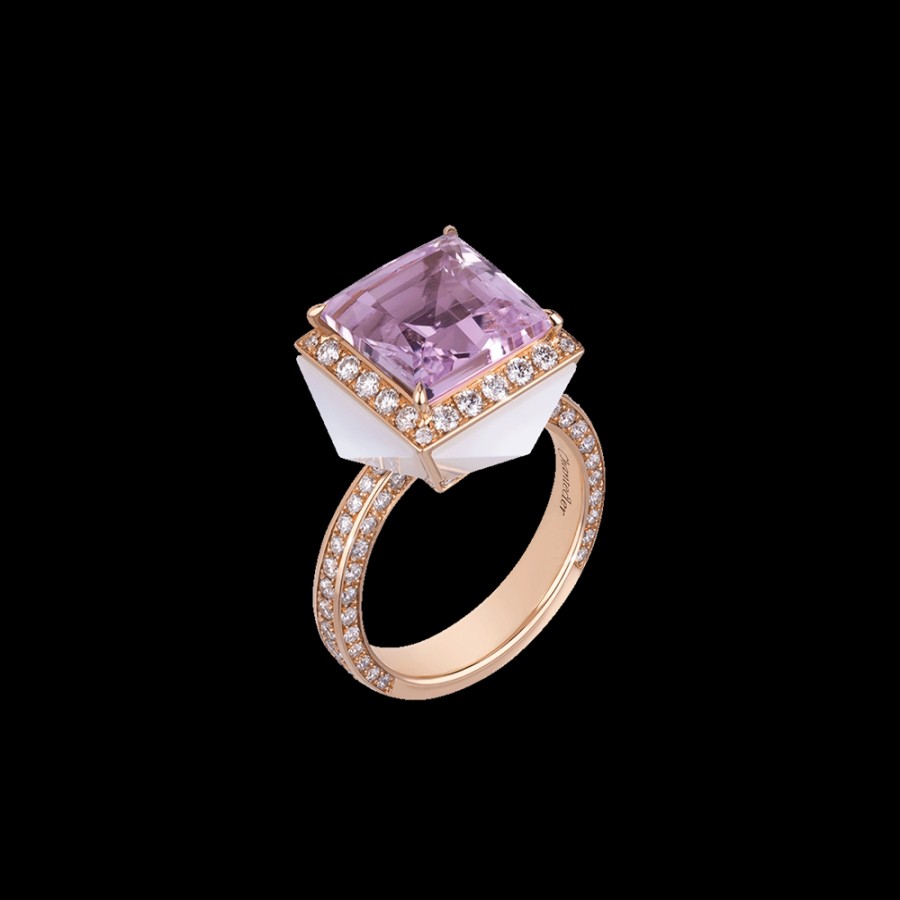 Gioielleria Chantecler | Anello Piazzetta In Oro Rosa 18Kt Con Centro In Kunzite E Cuspidi In Diamanti E Agata Milky Cod.41179