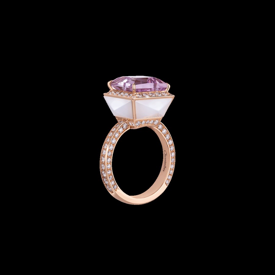 Gioielleria Chantecler | Anello Piazzetta In Oro Rosa 18Kt Con Centro In Kunzite E Cuspidi In Diamanti E Agata Milky Cod.41179