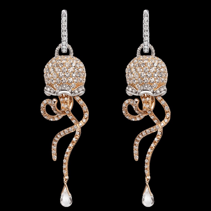 Gioielleria Chantecler | Orecchini Campanella Medusa In Oro Rosa E Bianco 18Kt, Pave Di Diamanti E Briolette In Cristallo Cod.32031