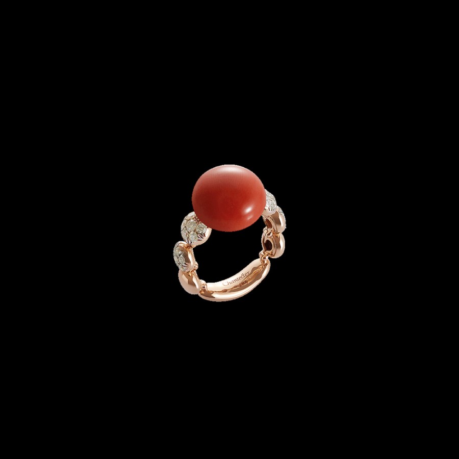 Gioielleria Chantecler | Anello Bon Bon In Oro Rosa 18Kt, Diamanti E Corallo Rosso Cod.37974