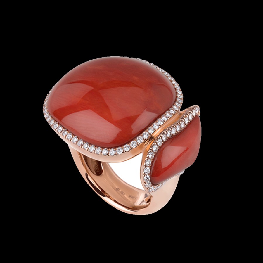 Gioielleria Chantecler | Anello Scultura Enchante In Oro Rosa 18Kt, Diamanti E Corallo Rosso Cod.37212