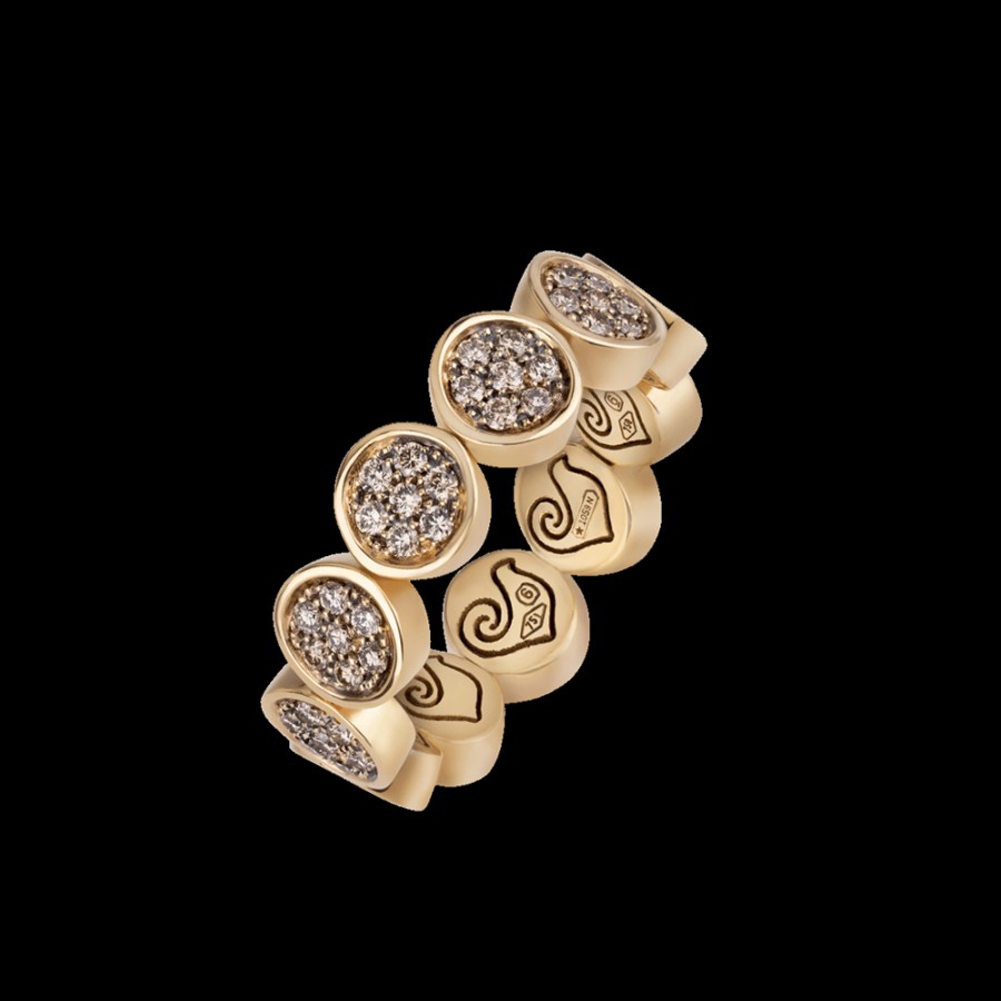 Gioielleria Chantecler | Anello Veretta Paillettes In Oro Giallo 18Kt E Pave Di Diamanti Champagne. Misura: 12-16 Cod.41282