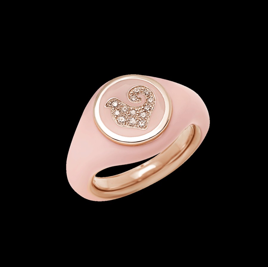 Gioielleria Chantecler | Anello Paillettes Sygillum In Oro Rosa 18Kt, Galletto In Pave Di Diamanti E Smalto Rosa Cod.42702