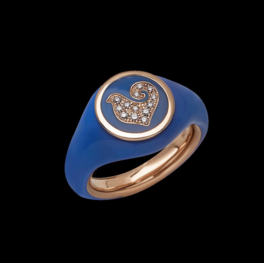 Gioielleria Chantecler | Anello Paillettes Sygillum In Oro Rosa 18Kt, Galletto In Pave Di Diamanti E Smalto Blu Capri Cod.42703