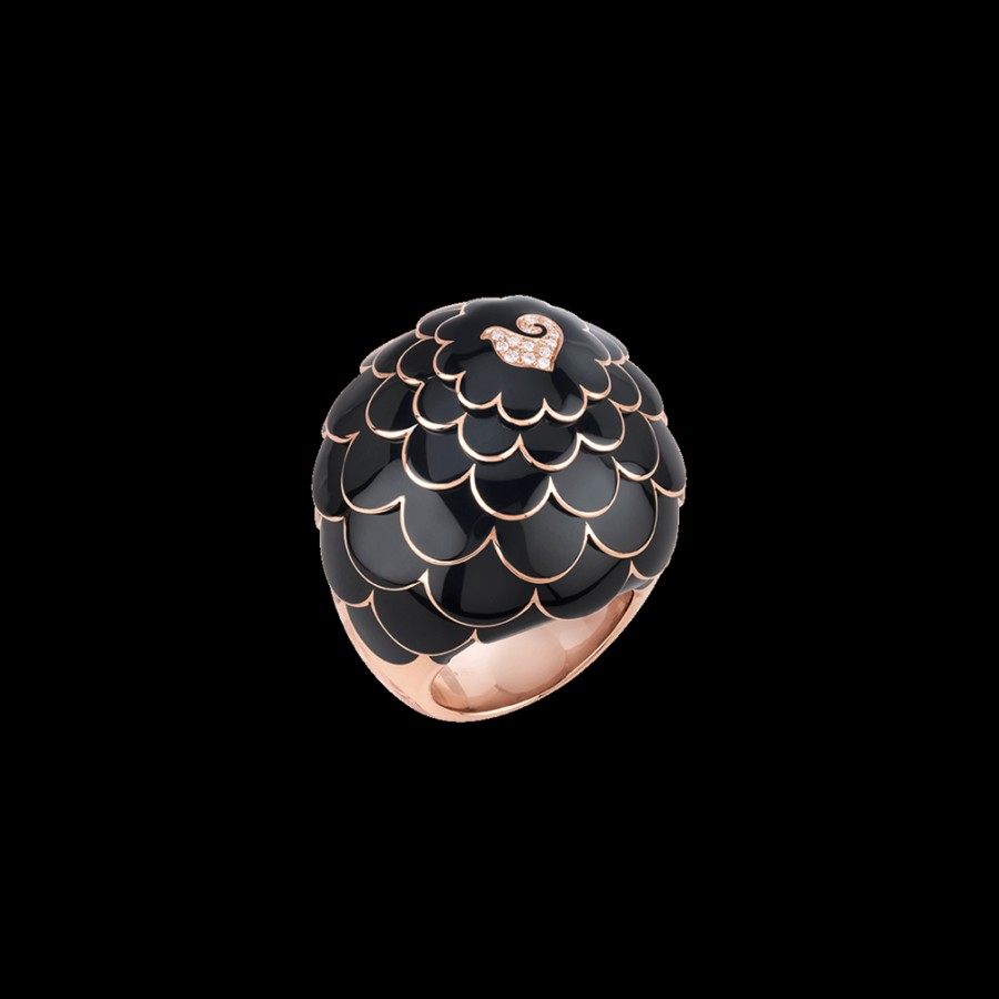 Gioielleria Chantecler | Anello Cupola Paillettes In Oro Rosa 18Kt, Diamanti E Smalto Nero Cod.41124