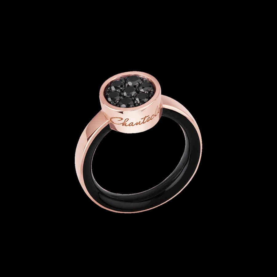 Gioielleria Chantecler | Anello Capritude Paillettes In Oro Rosa 18Kt, Pave Di Diamanti Neri E Smalto Nero Cod.41138