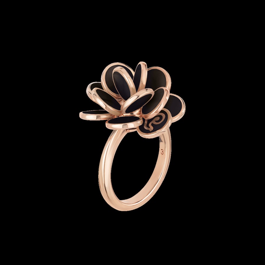 Gioielleria Chantecler | Anello Fiore Paillettes Grande In Oro Rosa 18Kt E Smalto Nero Cod.33609