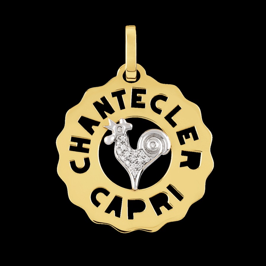 Gioielleria Chantecler | Ciondolo Logo Medio Gallo In Oro Giallo E Bianco 18Kt E Diamanti Cod.23208